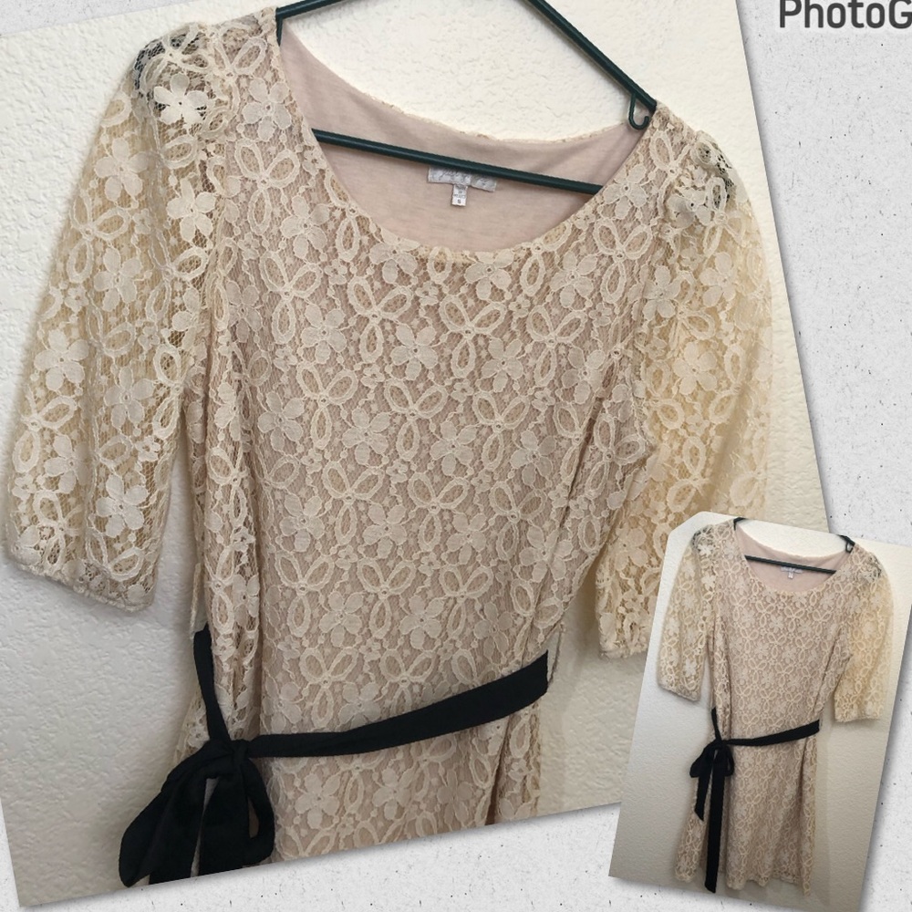 JUST GINGER Small Dress Lace Lined 1/2 Sleeve with Ribbon Belt NWOT